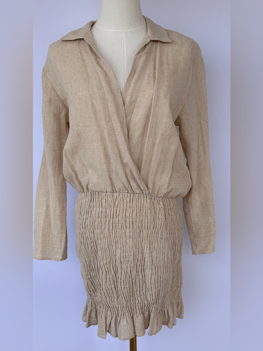 Zara Women’s Valery Linen Blend Dress Deep V Wrap Style Bodice Smocked Skirt S
